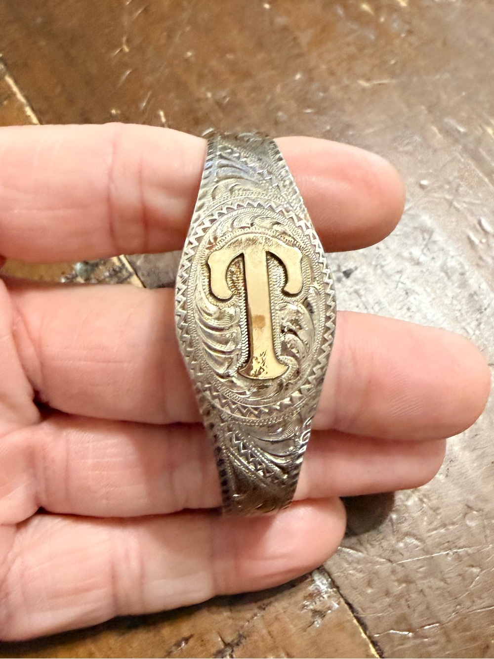 Vintage Gist Sterling Silver 1/10 14Kt Gold Western Engraved Monogram Bracelet T